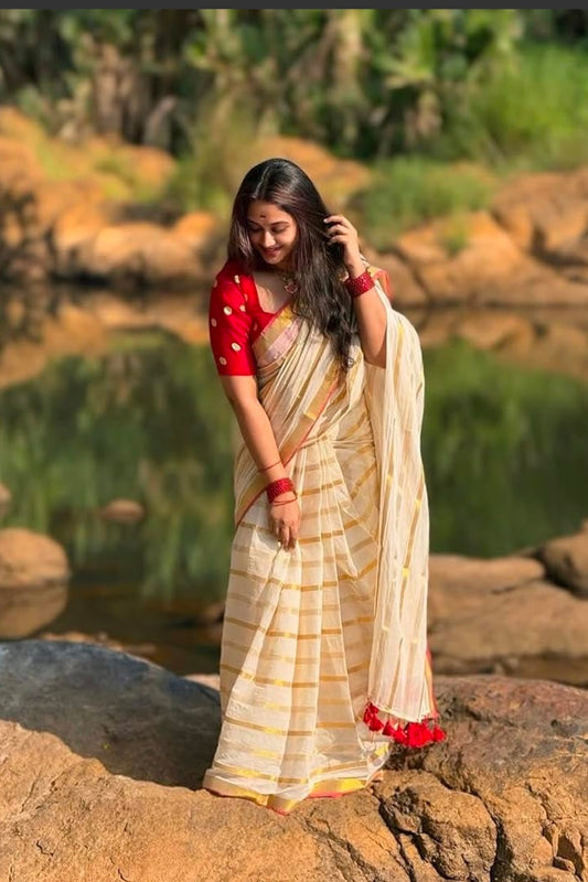 Brunelle Onam Collection 120 Count Premium Mul Cotton Saree - White and Golden Elegance