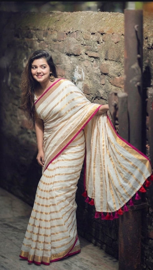 Brunelle Onam Collection 120 Count Premium Mul Cotton Saree - White Elegance