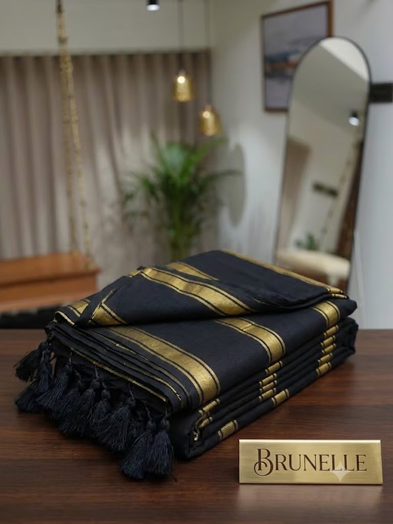 Brunelle Premium 120 Count Mul Cotton Saree Black and Gold Zari