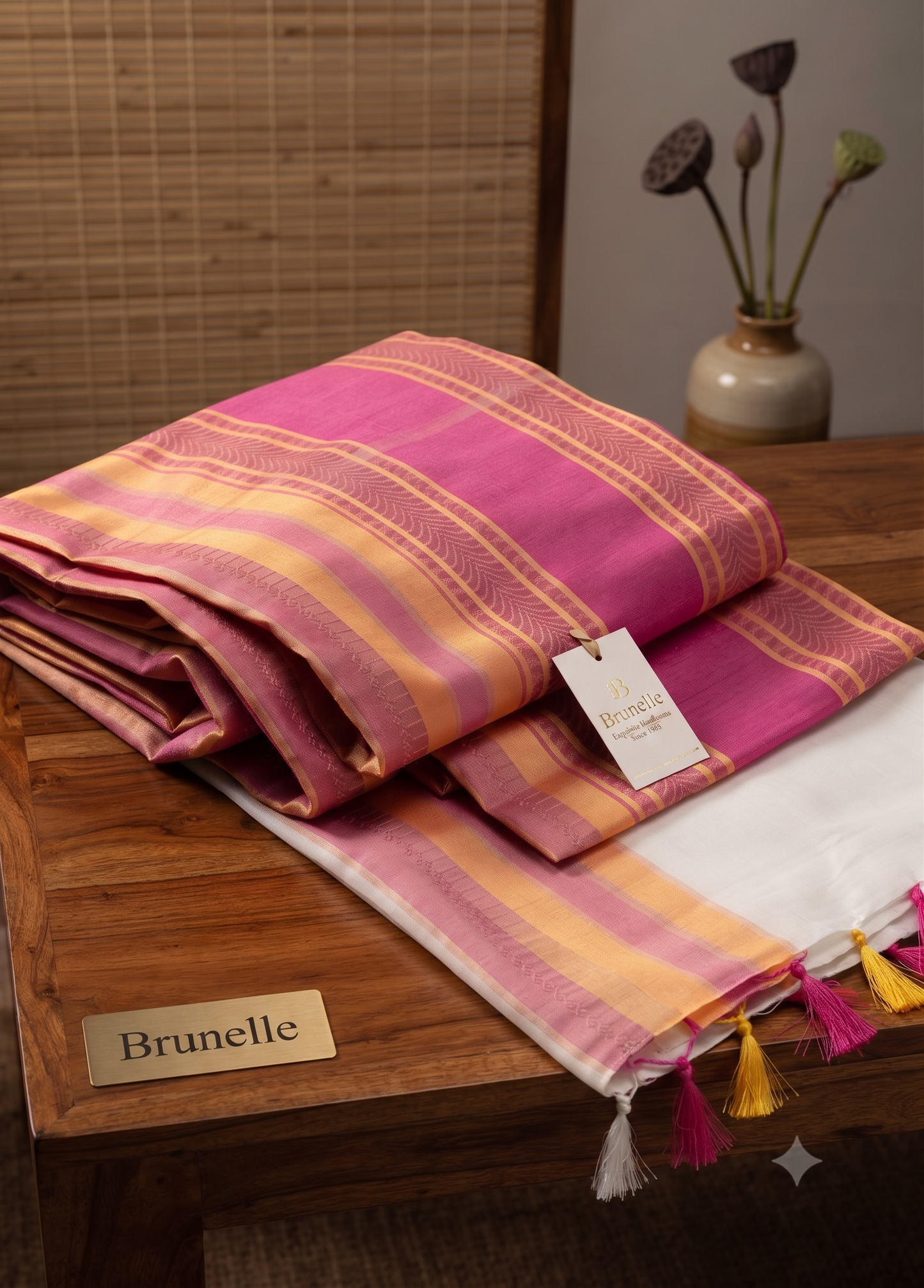 Brunelle Onam Collection 120 Count Premium Mul Cotton Saree -Pink and Yellow Elegance