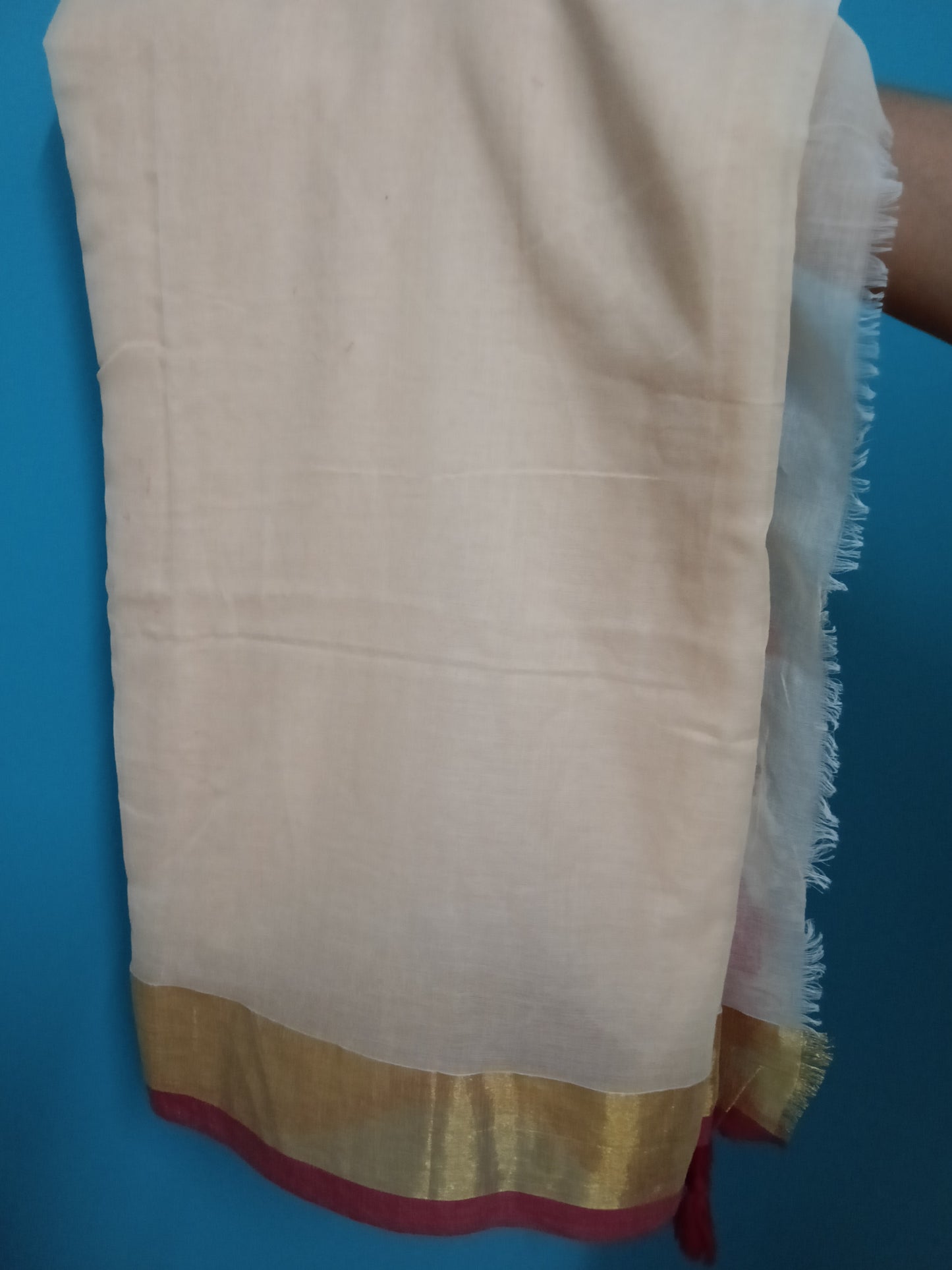 Brunelle Premium Mul Cotton Saree with Gold Zari Checks Border | Handloom Inspired |beige with gold/red border )