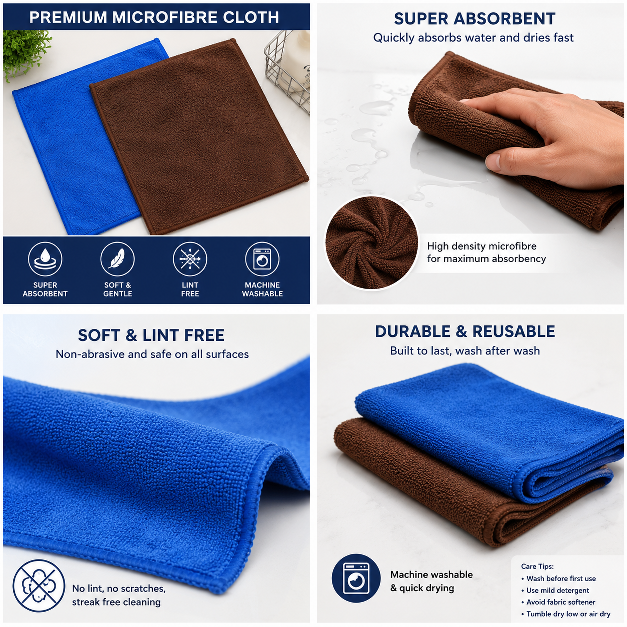 Brunelle Premium Microfiber Cleaning Cloth – Pack of 2 (Blue & Brown) | 40 x 40 cm | Super Absorbent & Reusable