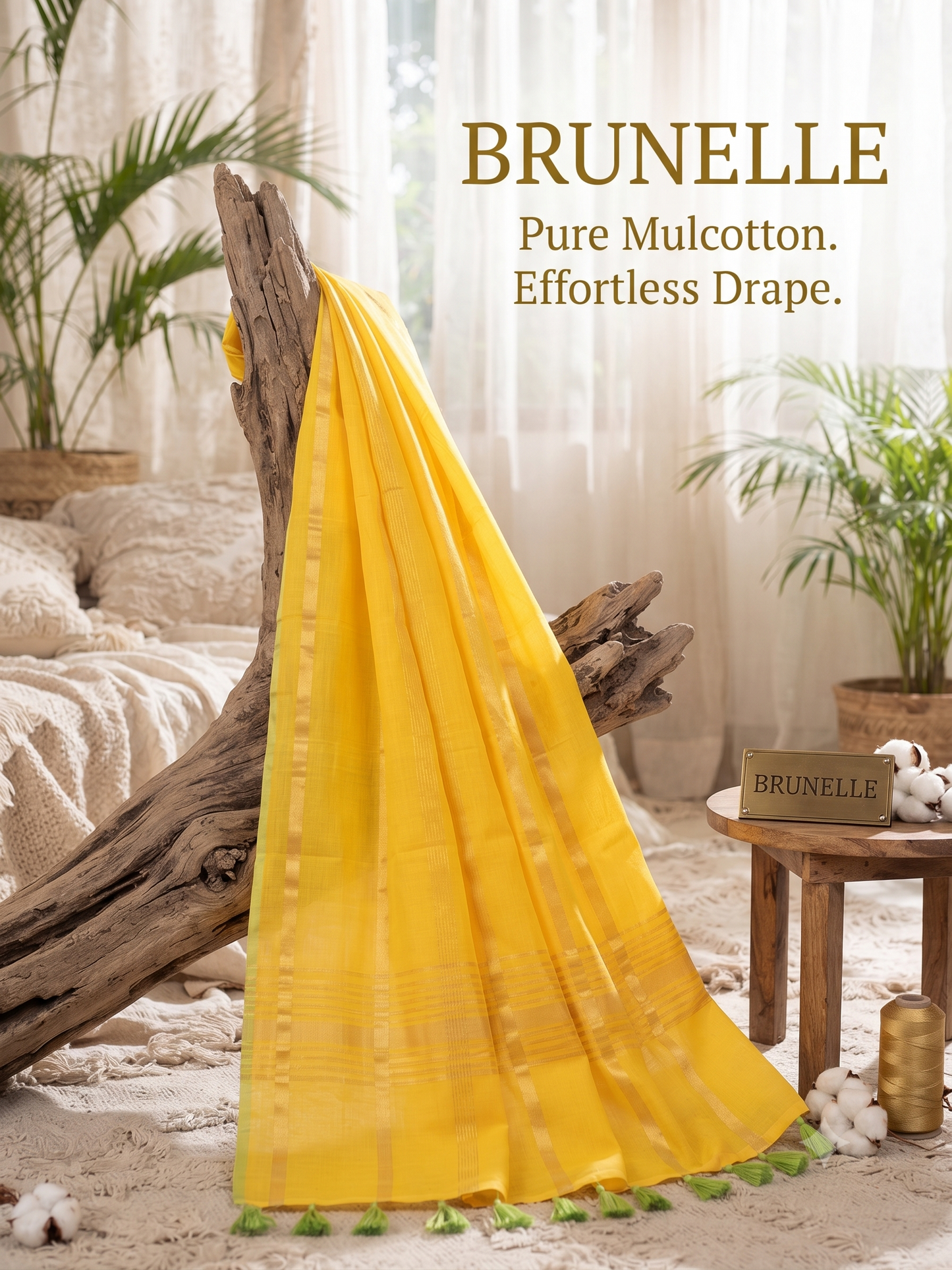 Brunelle Premium Mul Cotton Saree with Gold Zari Checks Border | Handloom Inspired |yellow | )