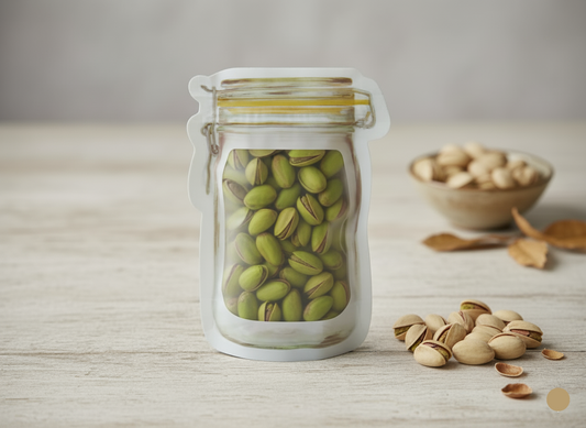Glass jar with green pistachios on a wooden surface
