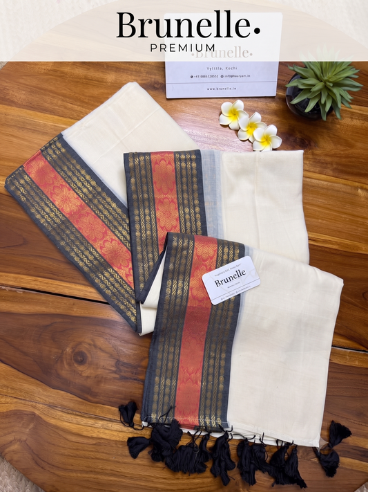 Brunelle Onam Collection  120 Count Premium Mul Cotton Saree -black and red golden stripes