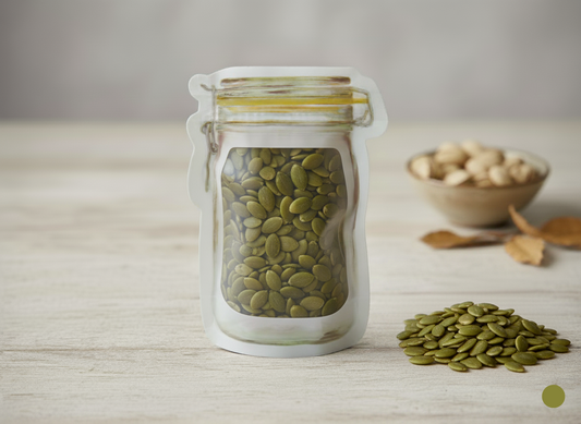 jar filled with green pumpkin seeds on a wooden surface.