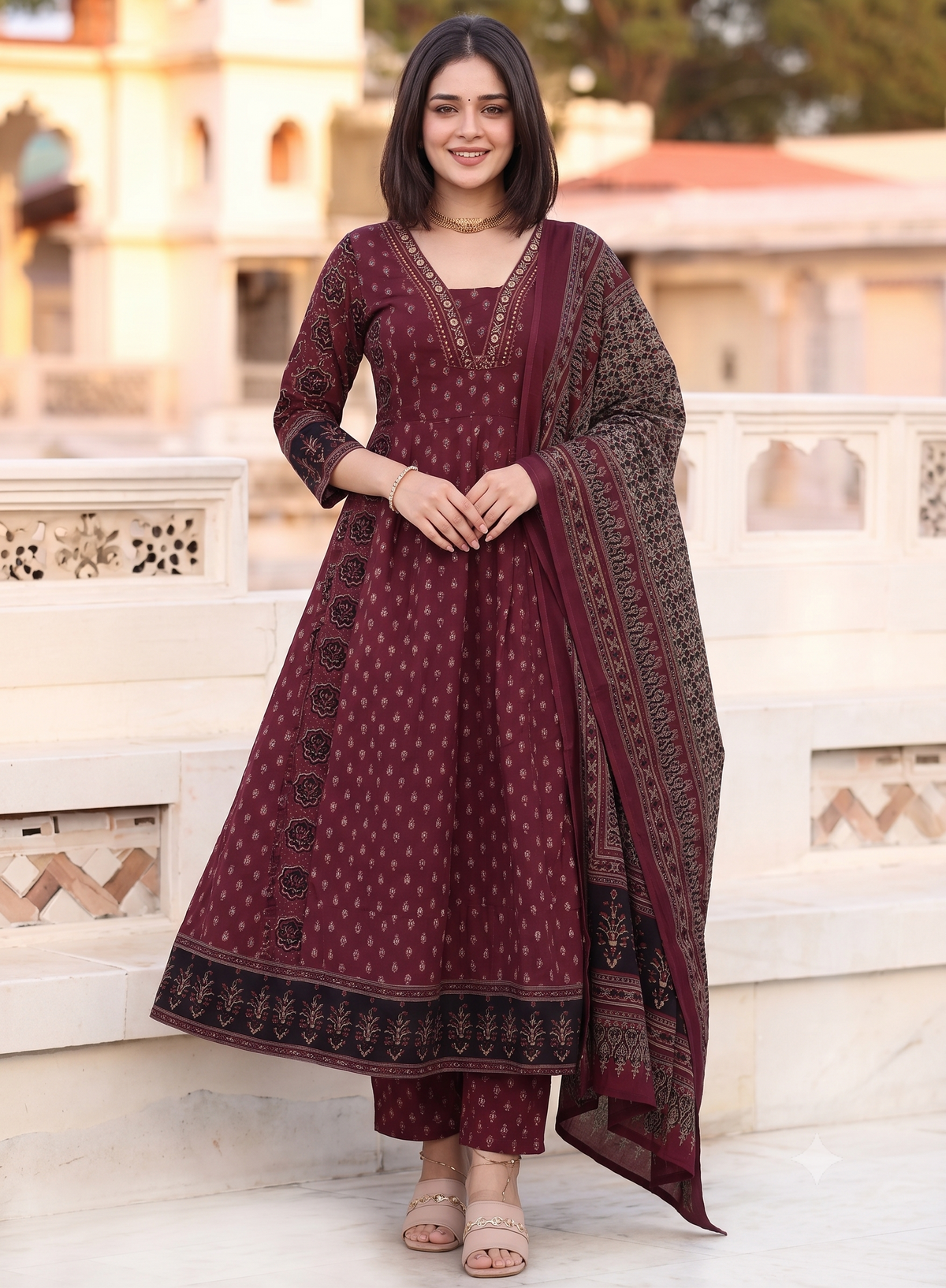 Women's Maroon Ethnic Printed Anarkali Kurta, Palazzo & Dupatta Set