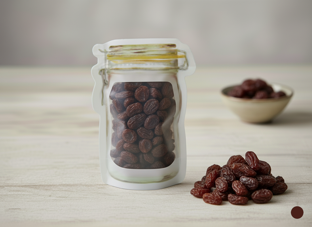Jar of raisins with a bowl and more raisins on a light surface
