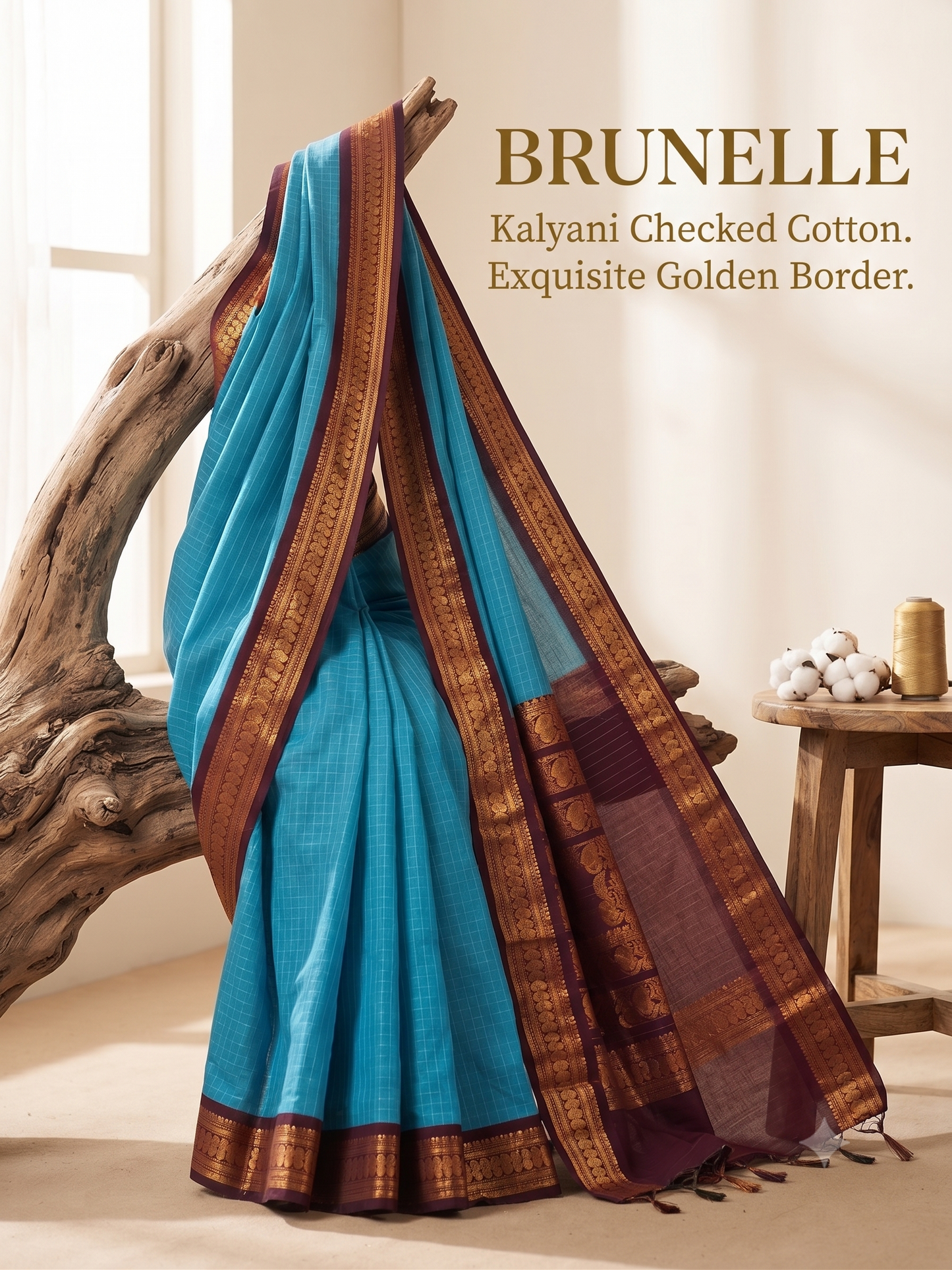 Brunelle Kalyani Checked South Cotton Saree (Blue)/yellow(Green  and brown)