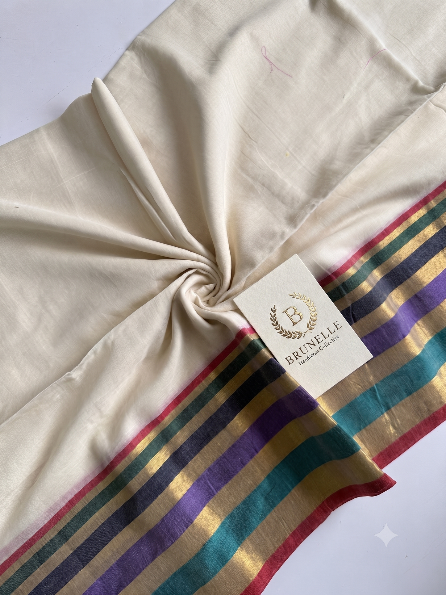 Brunelle Premium 120 Count Mul Cotton Saree with Multicolour Gold Zari Border | Cream