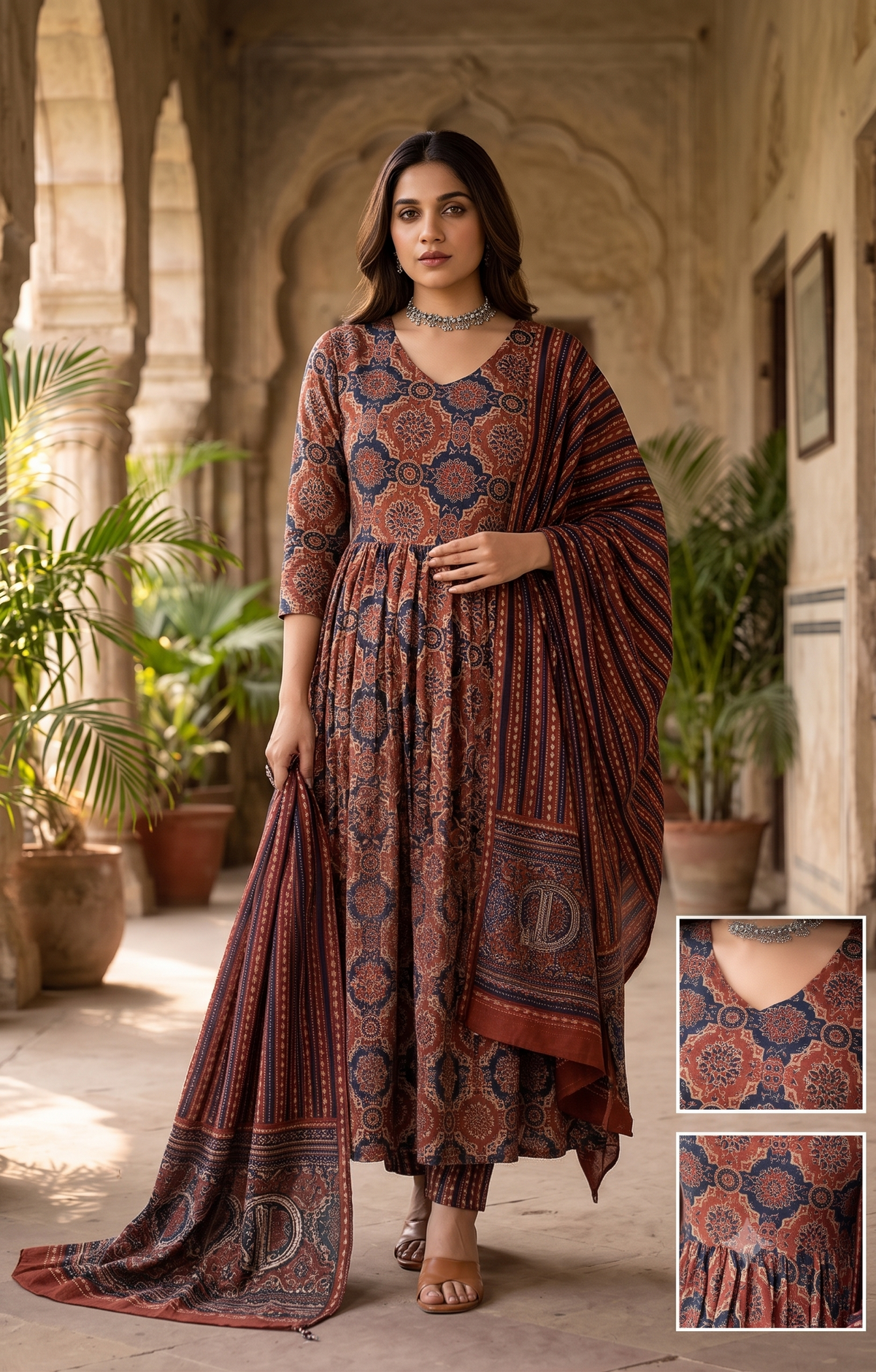 Brunelle Couture Women's Brown Floral Printed Pleated Kurta, Pant & Dupatta Set