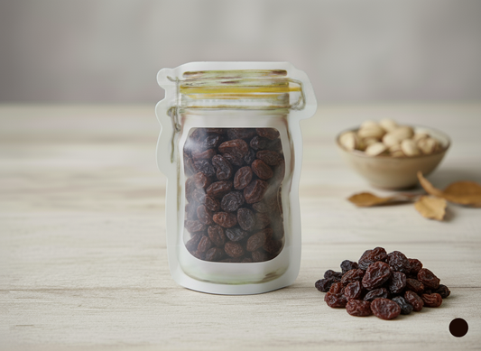 Jar of raisins on a wooden surface with a bowl of nuts in the background