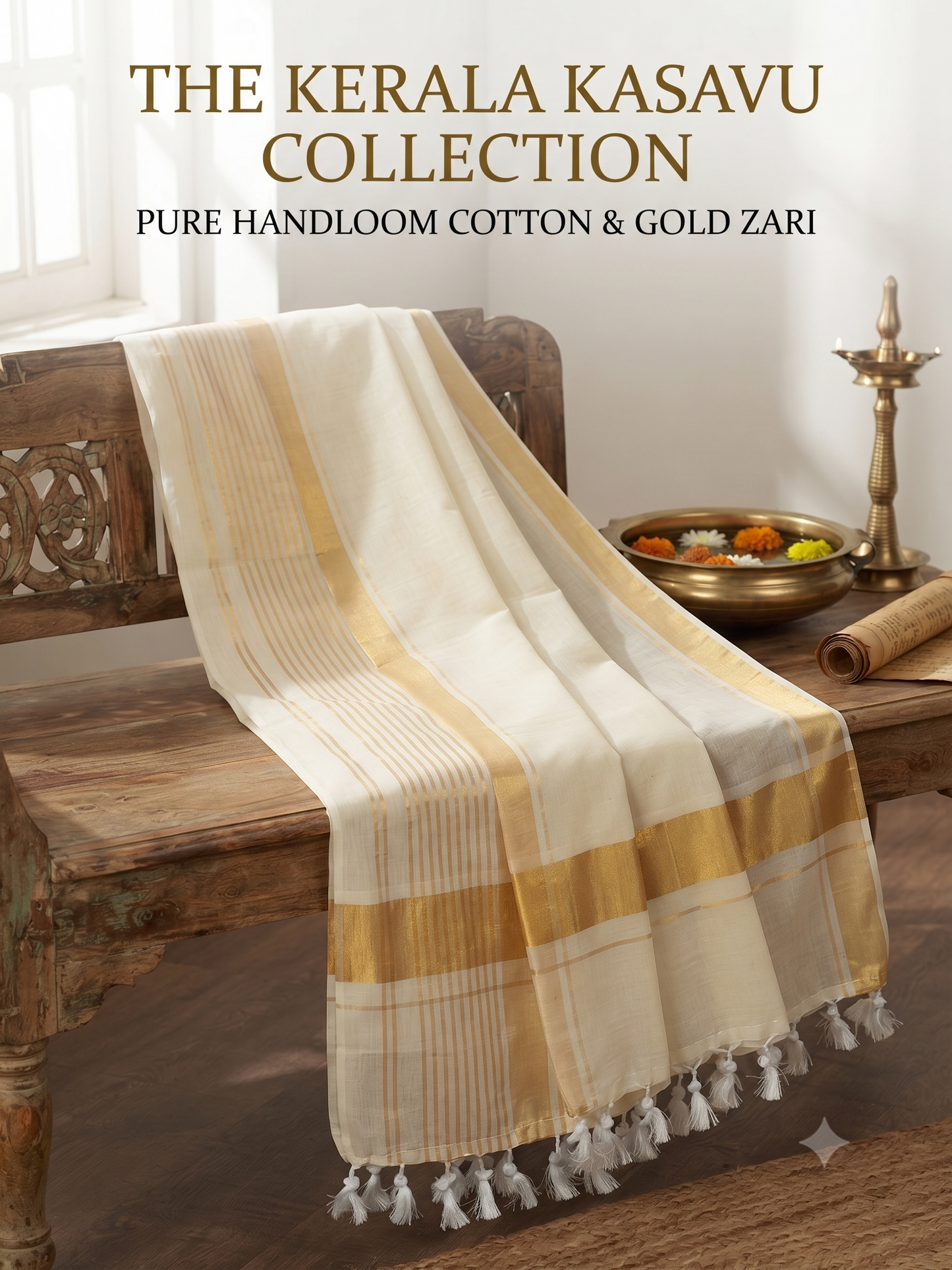 Brunelle Premium Mul Cotton Saree with Gold Zari Checks Border | Handloom Inspired | white | )