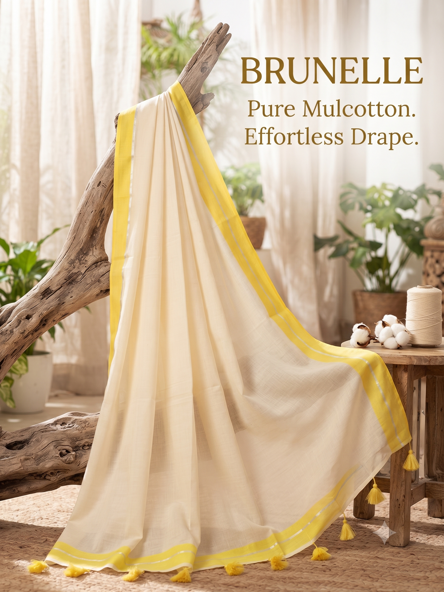 Brunelle Premium Mul Cotton Saree with Gold Zari Checks Border | Handloom Inspired |yellow and cream | )