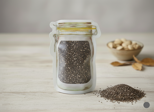 jar filled with chia seeds on a wooden surface