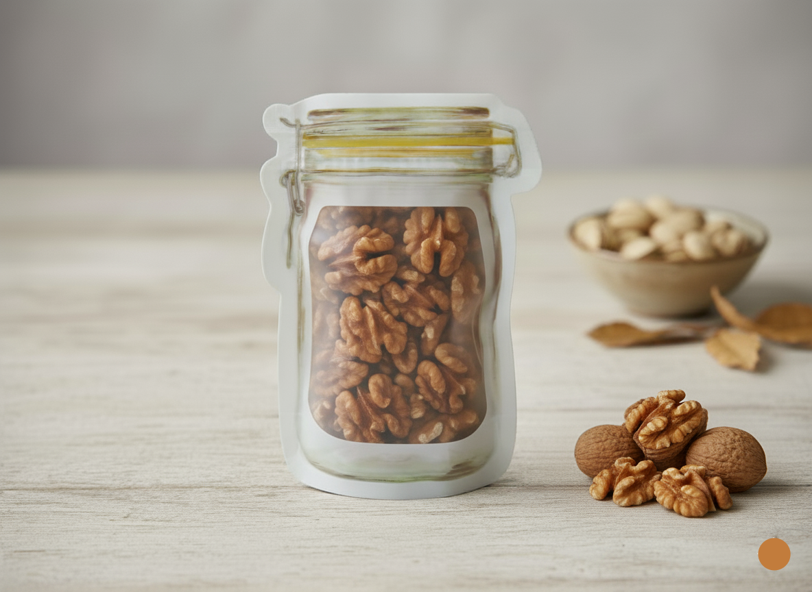 Jar of walnuts on a wooden surface with a bowl of nuts in the background