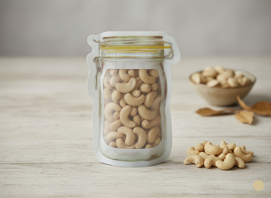  jar filled with cashews on a wooden surface