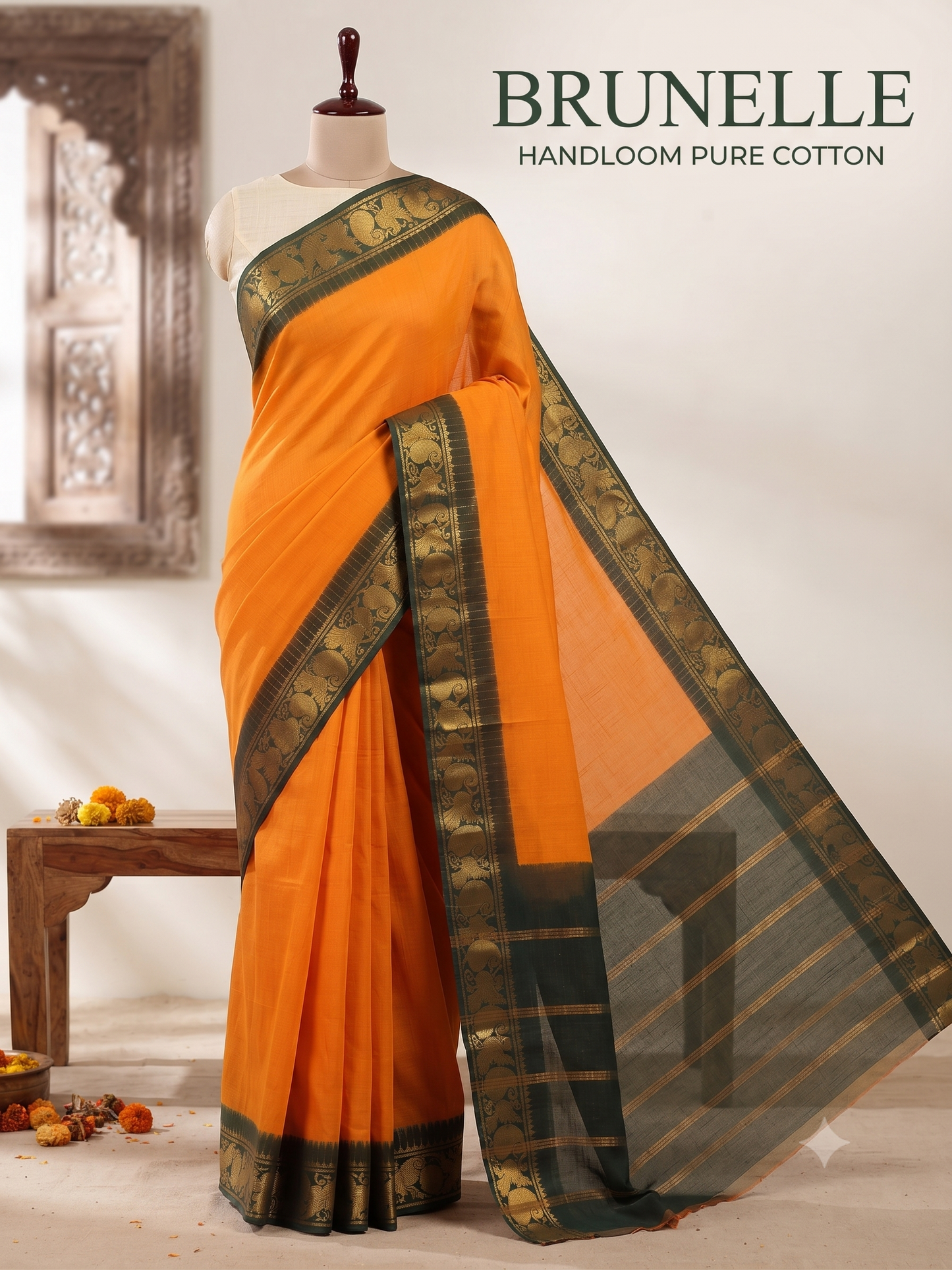 Brunelle Kalyani Checked South Cotton Saree (Blue)/yellow(Green  and brown)