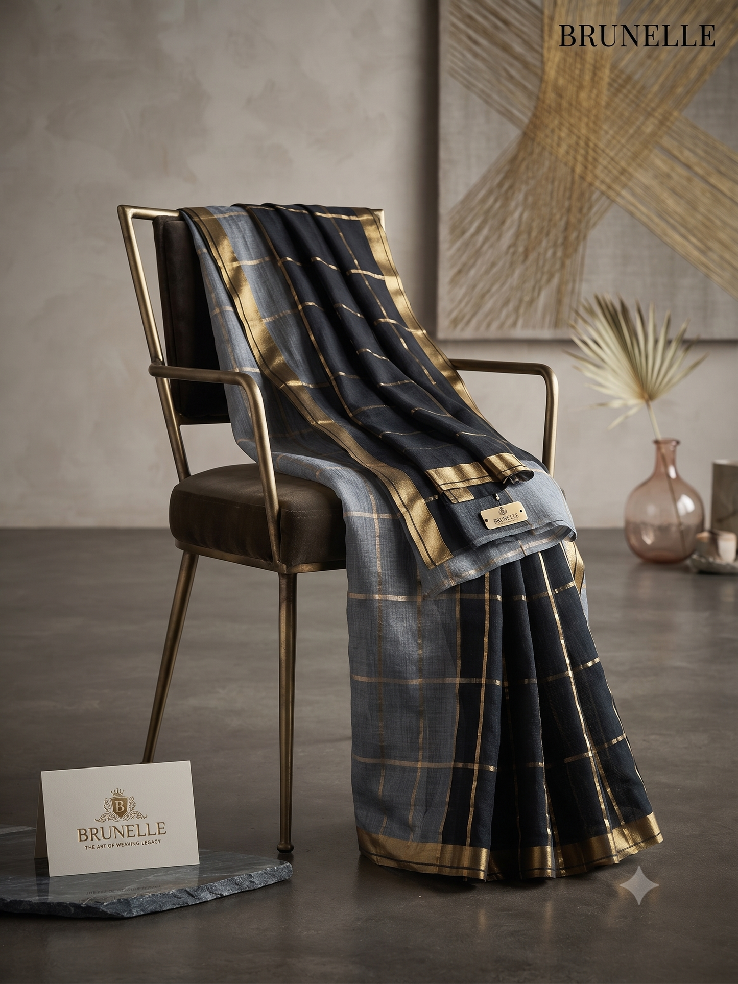 Brunelle Premium Mul Cotton Saree with Gold Zari Checks Border | Handloom Inspired | Navy Blue & Grey | Running Blouse