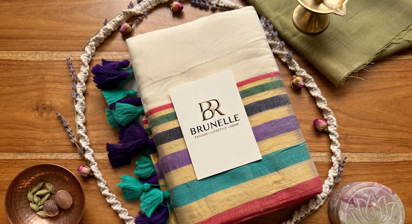 Brunelle Premium 120 Count Mul Cotton Saree with Multicolour Gold Zari Border | Cream