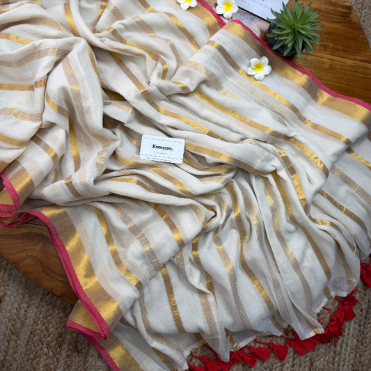 Brunelle Onam Collection  120 Count Premium Mul Cotton Saree - White and Golden Elegance