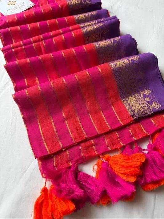Brunelle Onam Collection  120 Count Premium Mul Cotton Saree - Red and Violet Elegance