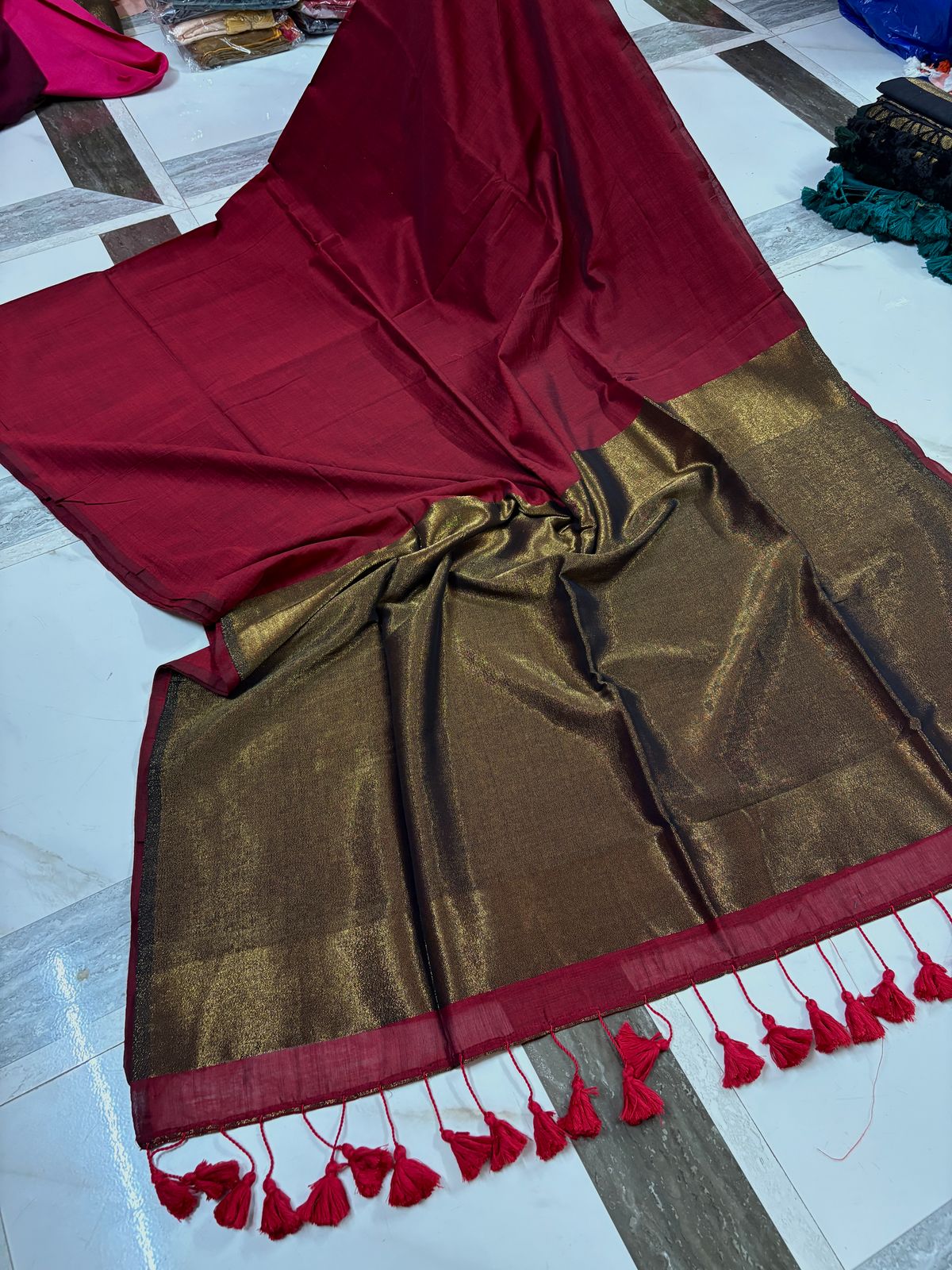 Brunelle Kadi Cotton Saree – Traditional Zari Border with Contrast Blouse