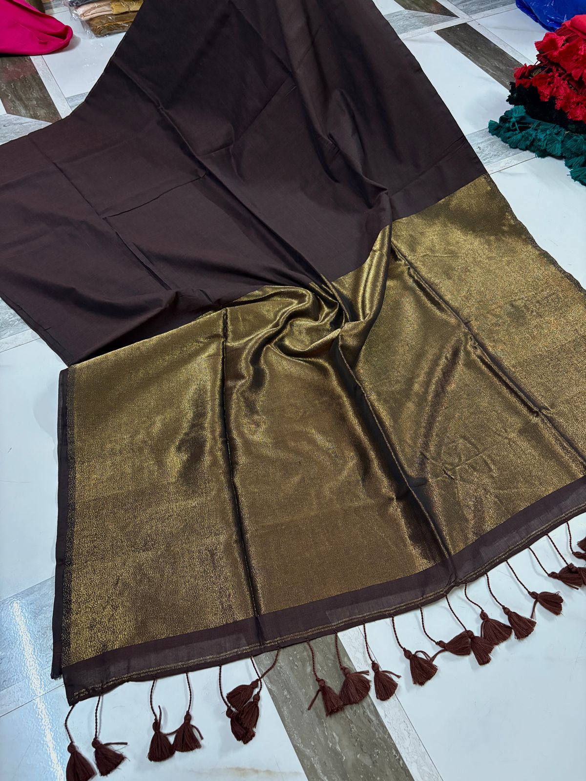 Brunelle Kadi Cotton Saree – Traditional Zari Border with Contrast Blouse