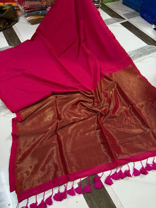 Brunelle Kadi Cotton Saree – Traditional Zari Border with Contrast Blouse