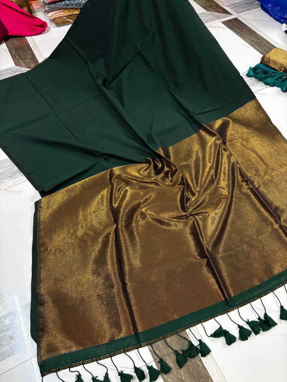 Brunelle Kadi Cotton Saree – Traditional Zari Border with Contrast Blouse