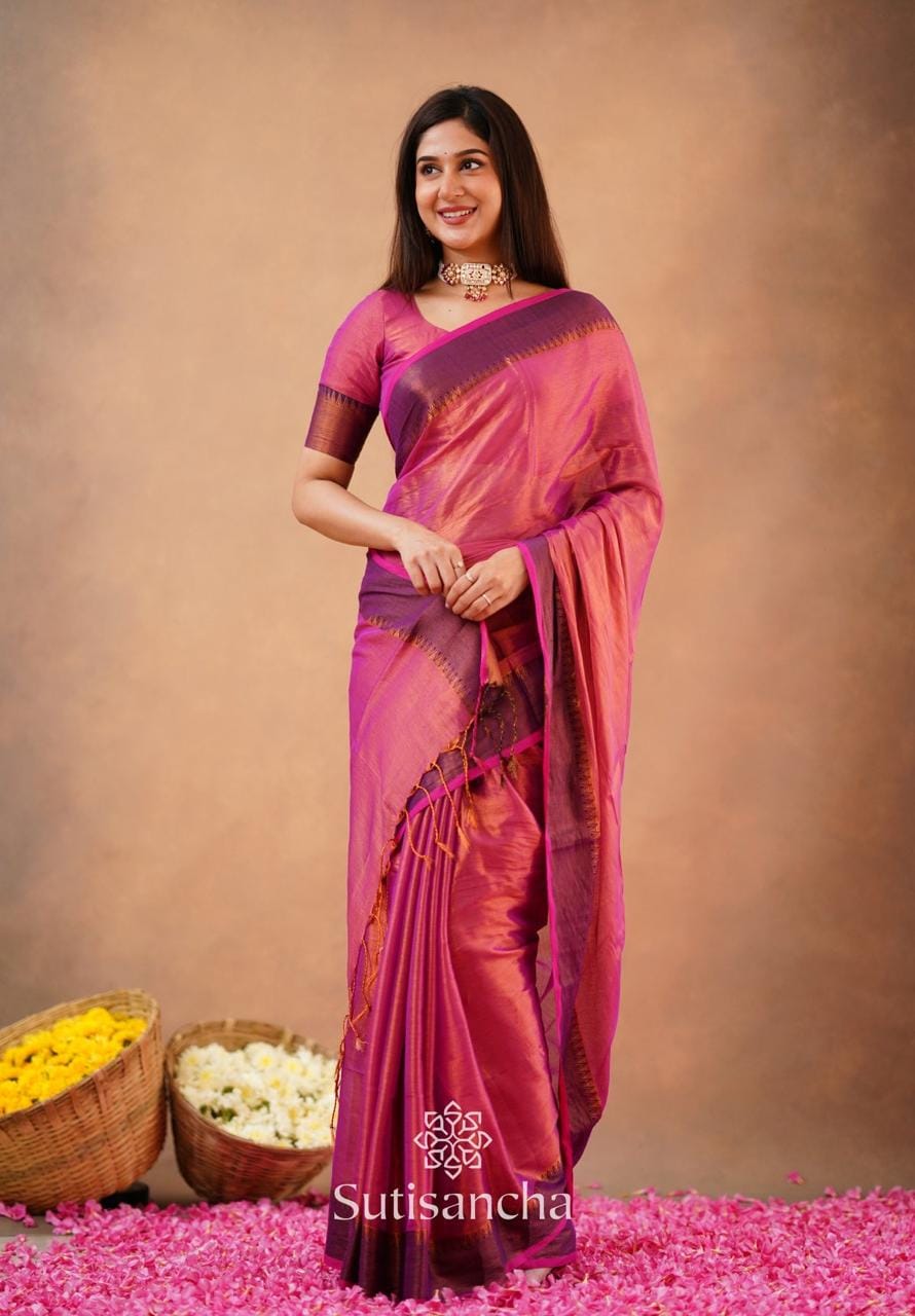 🌸 Brunelle Pure Cotton Tissue Saree – 100 Count Cotton with Attractive Border & Running Blouse