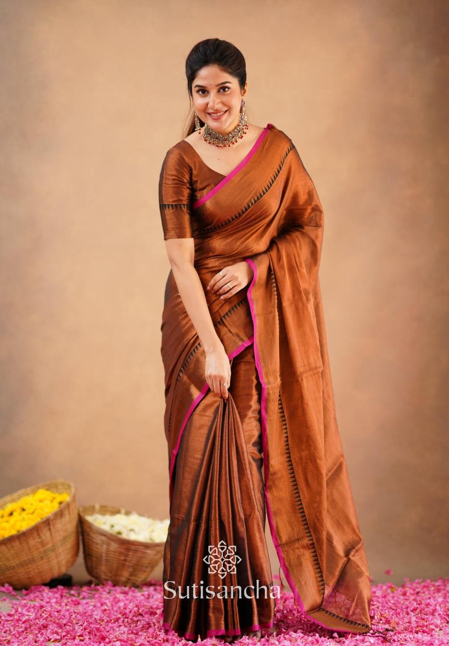 🌸 Brunelle Pure Cotton Tissue Saree – 100 Count Cotton with Attractive Border & Running Blouse