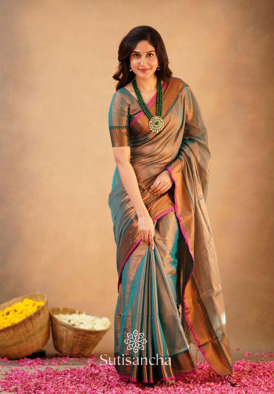 🌸 Brunelle Pure Cotton Tissue Saree – 100 Count Cotton with Attractive Border & Running Blouse