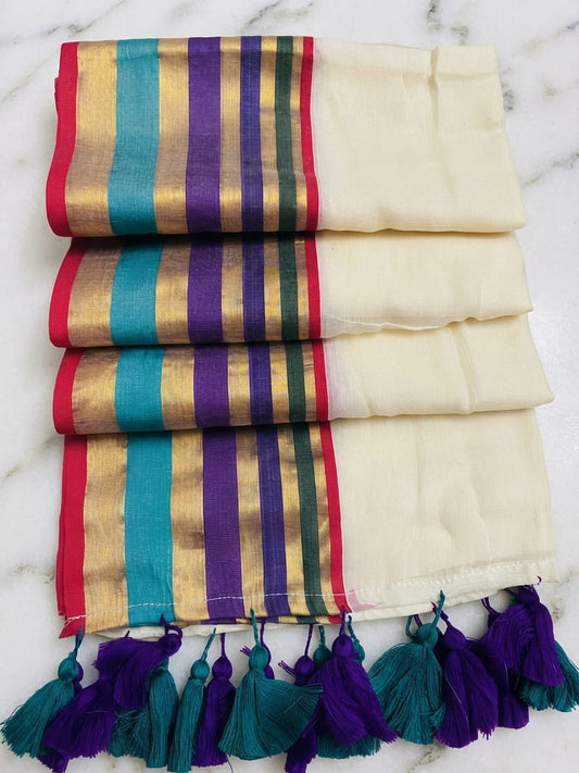 Brunelle Onam Collection  120 Count Premium Mul Cotton Saree - Multicolour Elegance