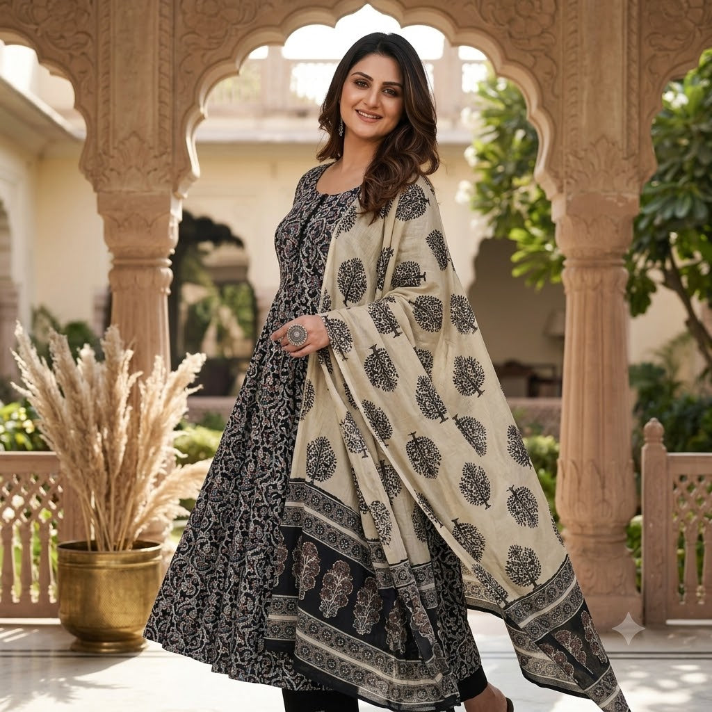 Title: Women's Black Floral Printed Anarkali Kurta, Pant & Dupatta Set