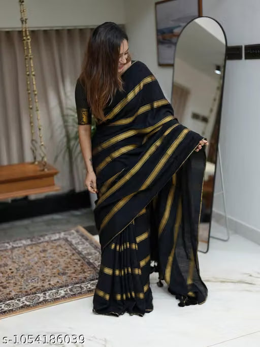 Brunelle Premium 120 Count Mul Cotton Saree  Black and Gold Zari