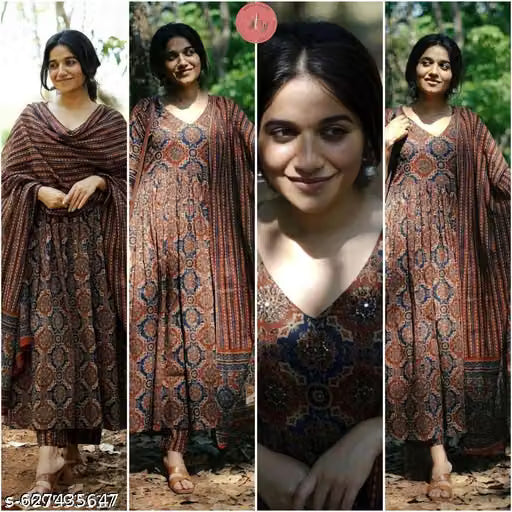 Brunelle Couture Women's Brown Floral Printed Pleated Kurta, Pant & Dupatta Set