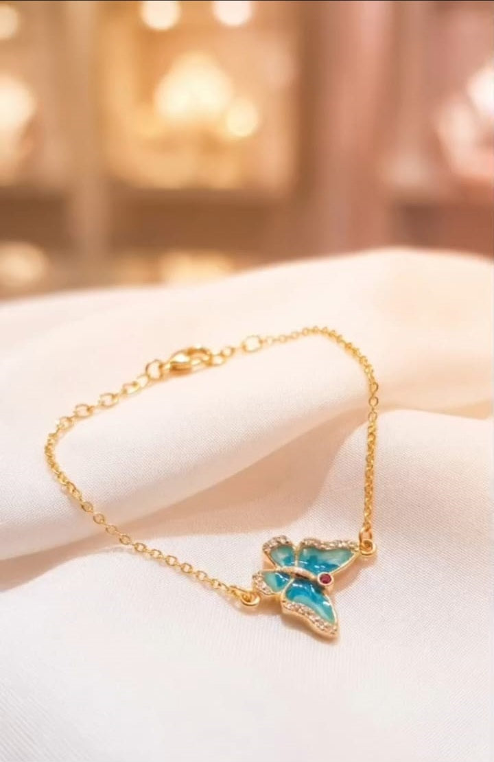 Brunelle Premium Gold Plated Butterfly Bracelet with Blue Enamel & CZ Stones  Pendant