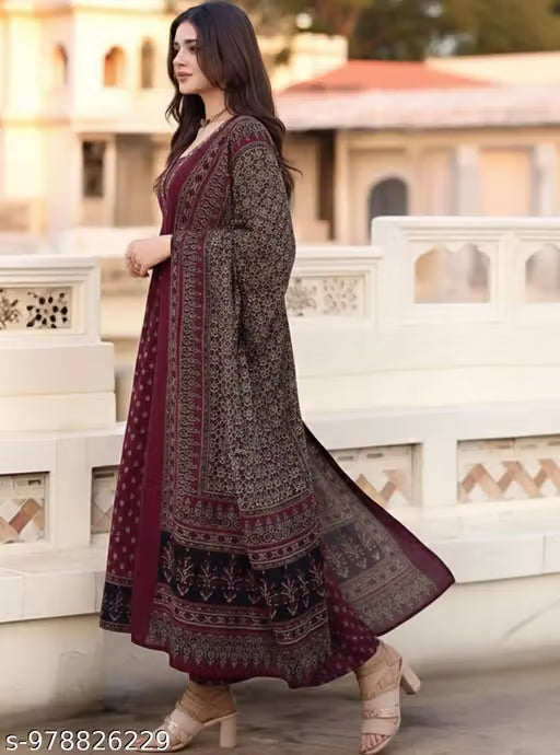 Women's Maroon Ethnic Printed Anarkali Kurta, Palazzo & Dupatta Set
