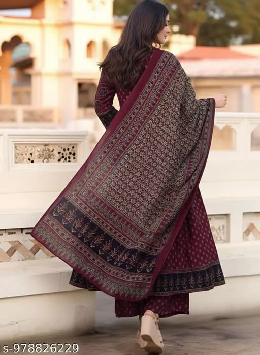 Women's Maroon Ethnic Printed Anarkali Kurta, Palazzo & Dupatta Set