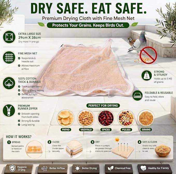 Premium Cotton Papad Drying Cloth with Protective Net Cover – Reusable Food Drying Sheet