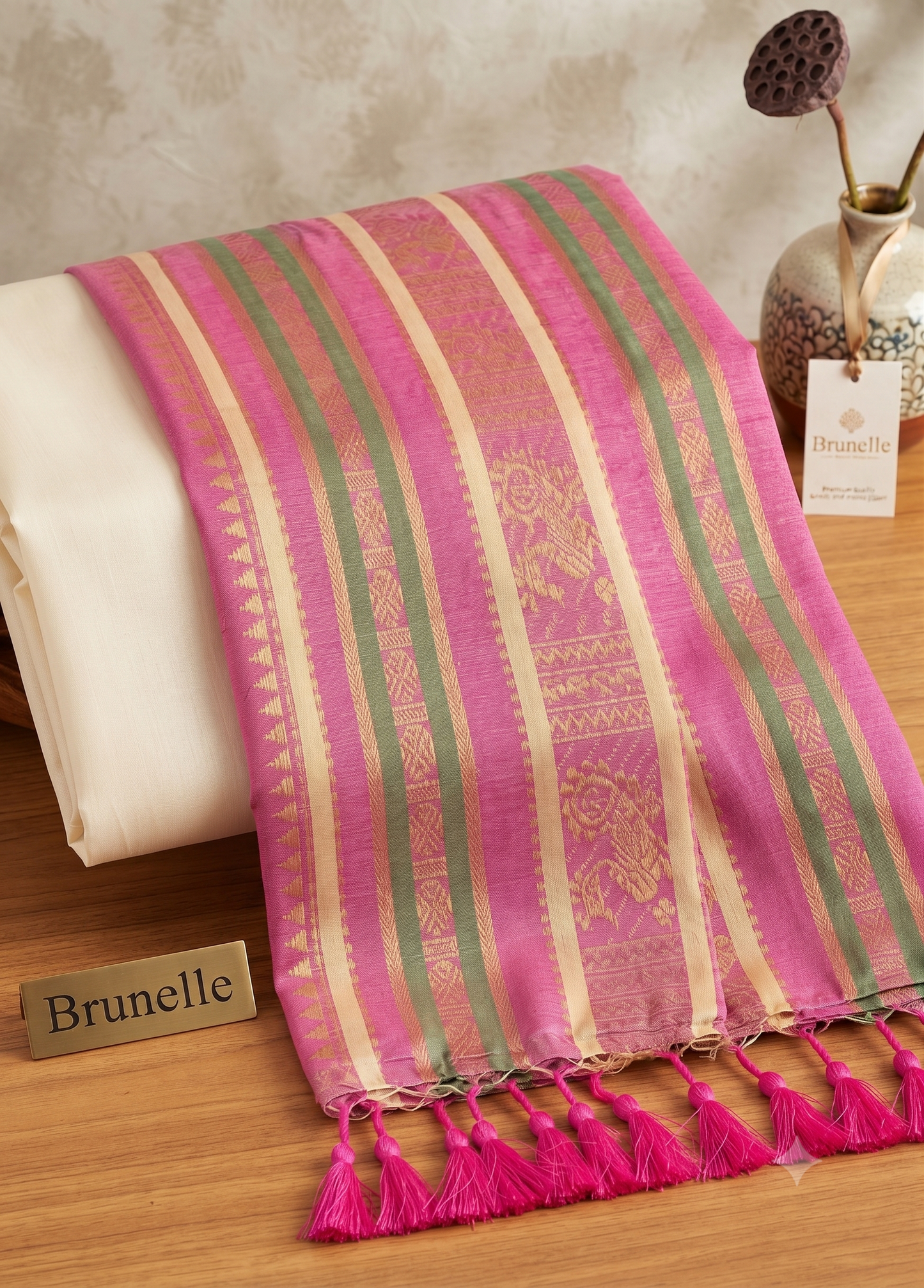 Brunelle Onam Collection  120 Count Premium Mul Cotton Saree -Green and Pink stripes with Golden elegance