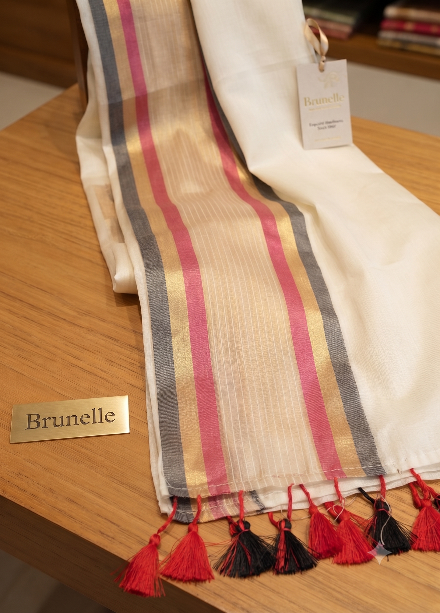 Brunelle Onam Collection  120 Count Premium Mul Cotton Saree -Gold and white stripe with red and black