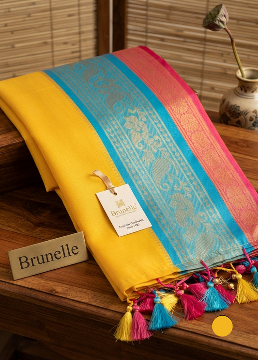 Brunelle Onam Collection  120 Count Premium Mul Cotton Saree - Yellow Elegance