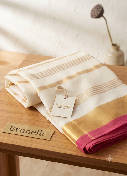 Brunelle Onam Collection  120 Count Premium Mul Cotton Saree - White Elegance