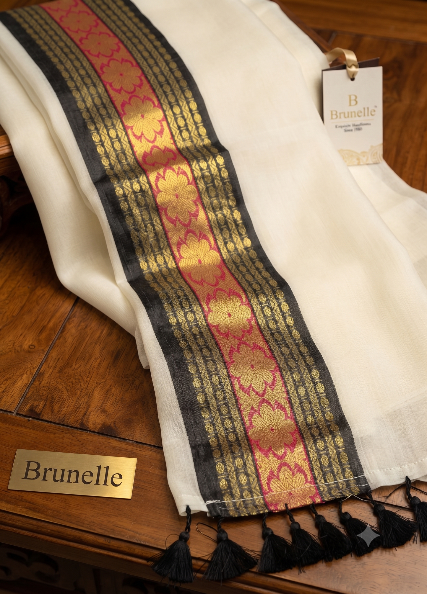 Brunelle Onam Collection  120 Count Premium Mul Cotton Saree -black and red golden stripes