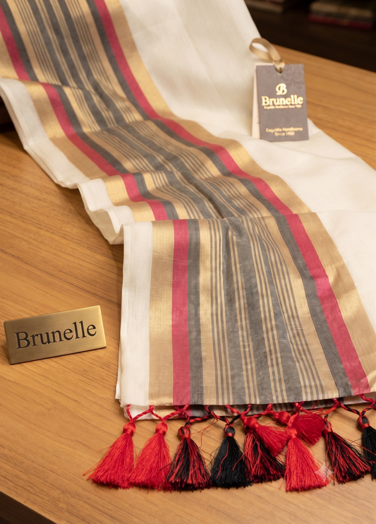 Brunelle Onam Collection  120 Count Premium Mul Cotton Saree -Golden stripe with red and black
