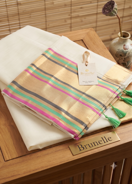 Brunelle Onam Collection  120 Count Premium Mul Cotton Saree -Golden Elegance with Pink, green and black Stripes